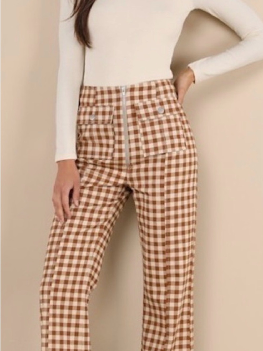 Lulu's Brown & Cream Gingham High-Rise Wide-Leg Pants